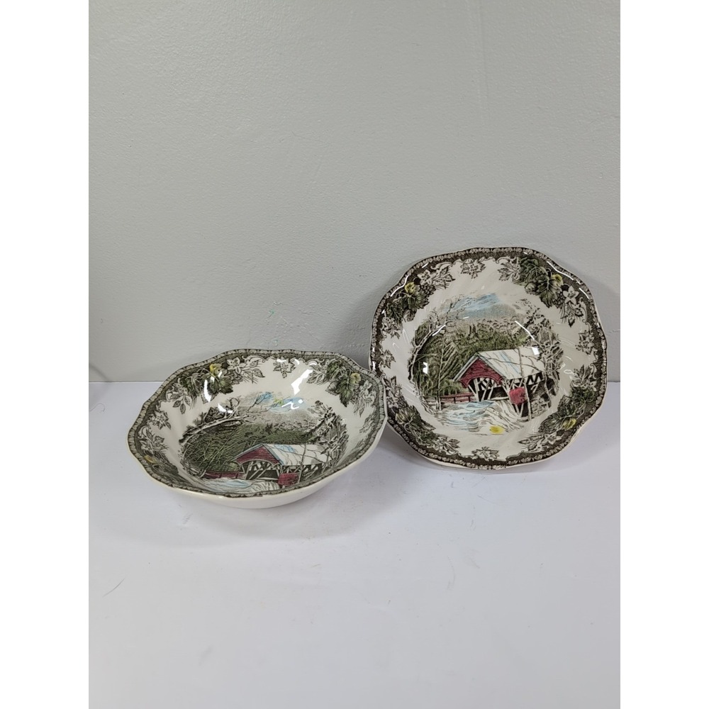 Friendly Village  by‎ Johnson Brothers SQUARE CEREAL BOWL 6 1/4"  SET /2 ENGLAND
